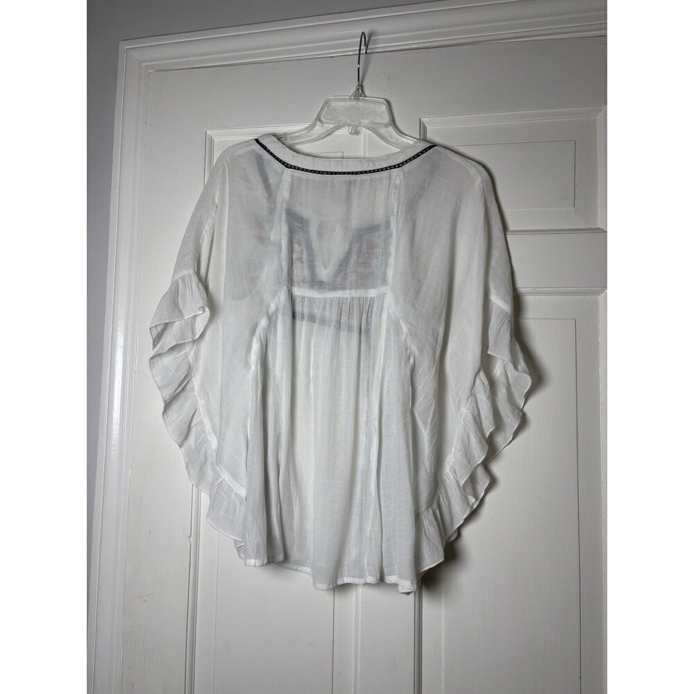 Forever 21 Women's M Boho Aztec Print Embroidered Top White Pancho Blouse - Picture 4 of 8